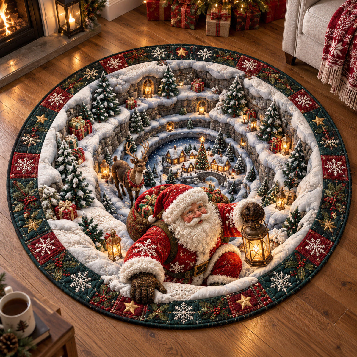 Santa Lantern Village Round Mat Rug - Seasonal Design | Festive Home Decor - washable non-slip printed rug