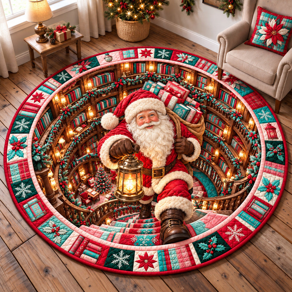 Santa Library Adventure Round Mat Rug - Seasonal Design | Festive Home Decor - washable non-slip printed rug