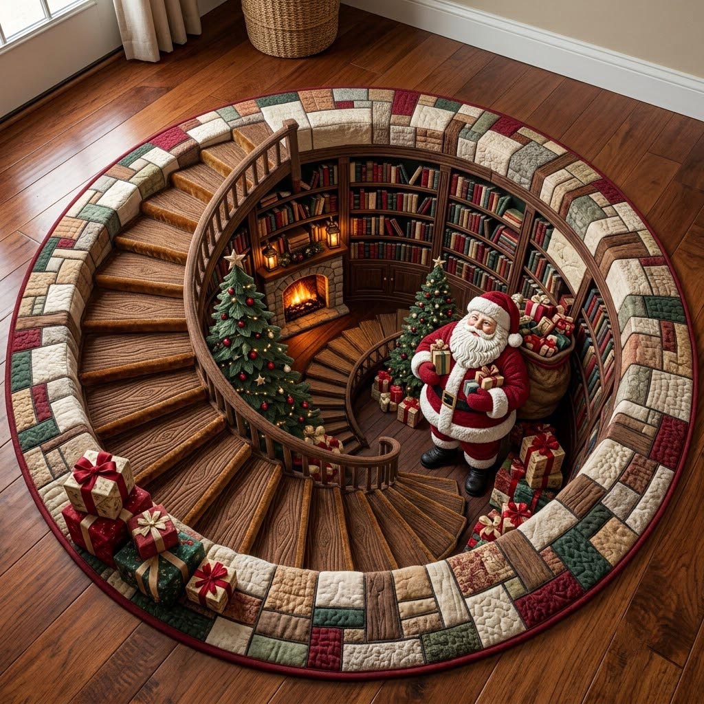 Santa Library Round Mat Rug - Seasonal Design | Festive Home Decor - washable non-slip printed rug