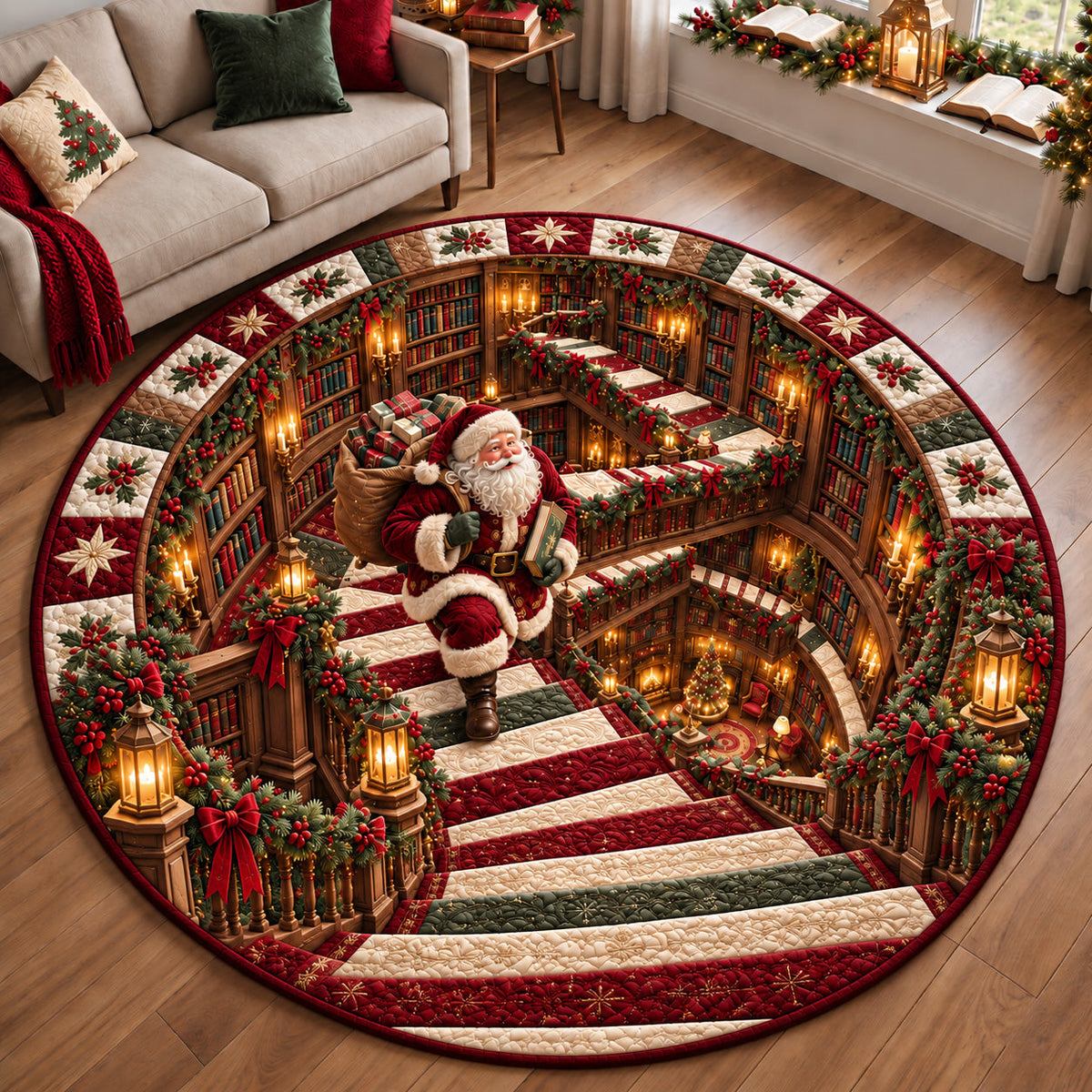 Santa Library Stairs Round Mat Rug - Seasonal Design | Festive Home Decor - washable non-slip printed rug