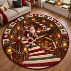 Santa Library Stairs Round Mat Rug - Seasonal Design | Festive Home Decor - washable non-slip printed rug
