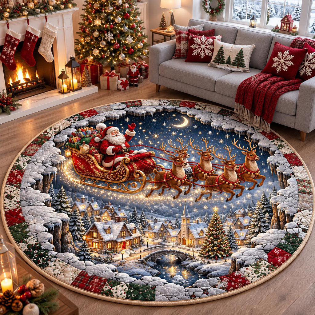 Santa Midnight Flight Round Mat Rug - Seasonal Design | Festive Home Decor - washable non-slip printed rug