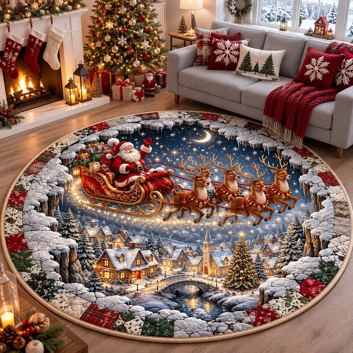 Santa Midnight Flight Round Mat Rug - Seasonal Design | Festive Home Decor - washable non-slip printed rug