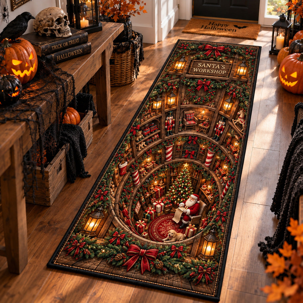 Santa Moment Runner Rug - Seasonal Design | Festive Runner Rug - washable non-slip printed rug