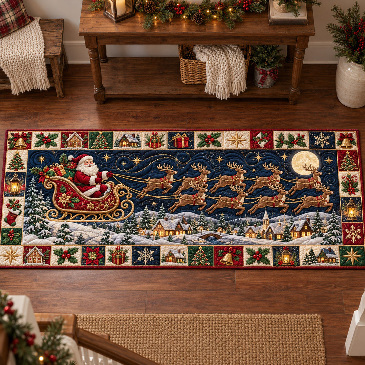 Santa Moonlight Ride Runner Rug - Seasonal Design | Festive Runner Rug - washable non-slip printed rug
