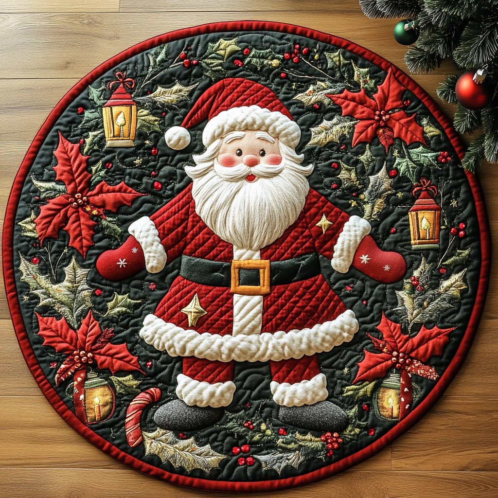 Santa Nights Christmas Round Mat Rug - washable non-slip printed rug