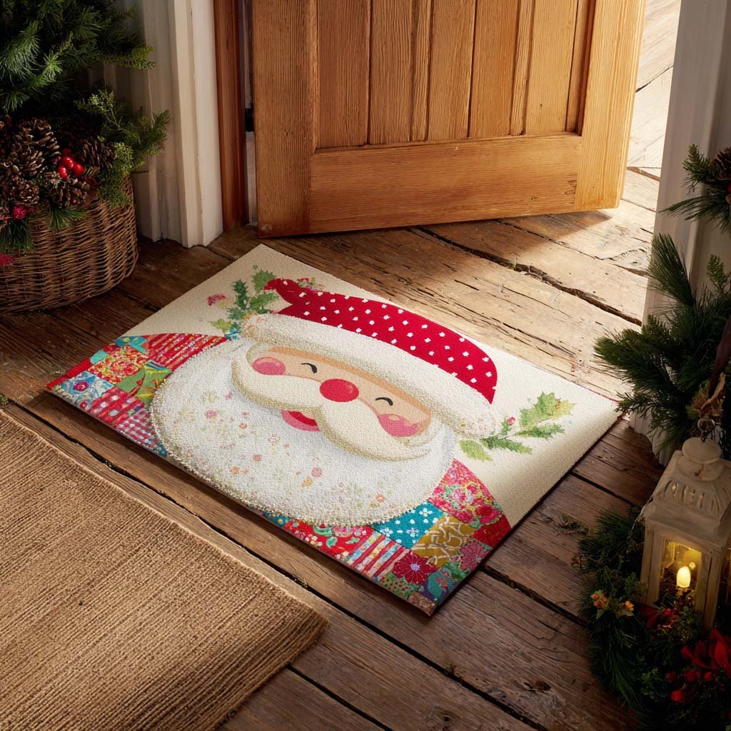 Santa Patchwork Happy Doormat - Seasonal Holiday Design | Printed Welcome Doormat