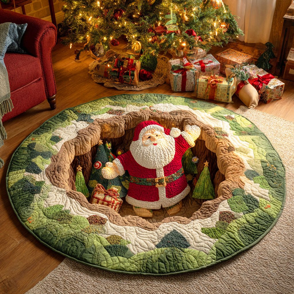 Santa Pine Base Christmas Round Mat Rug - washable non-slip printed rug
