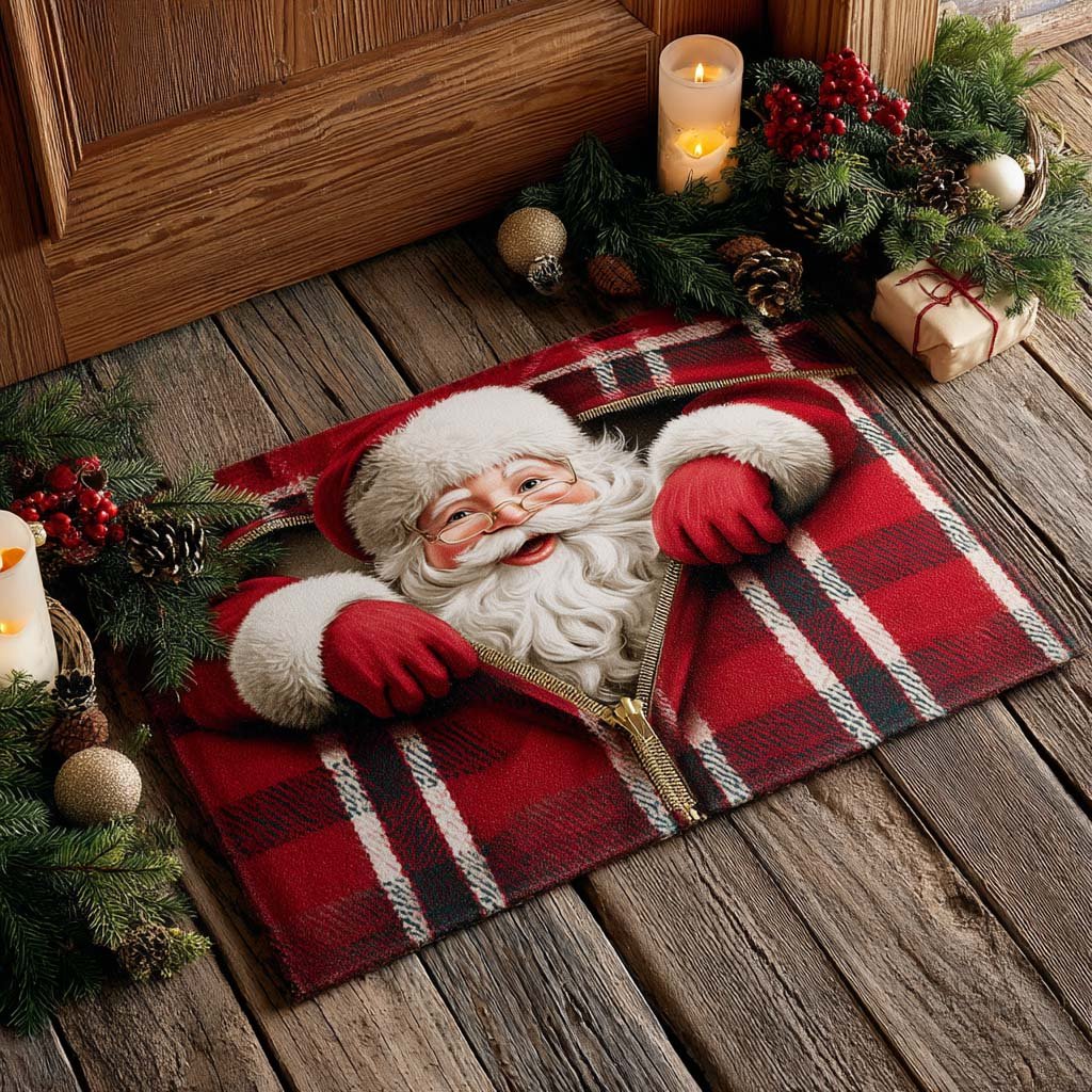 Santa Plaid Zipper Doormat - Seasonal Holiday Design | Printed Welcome Doormat