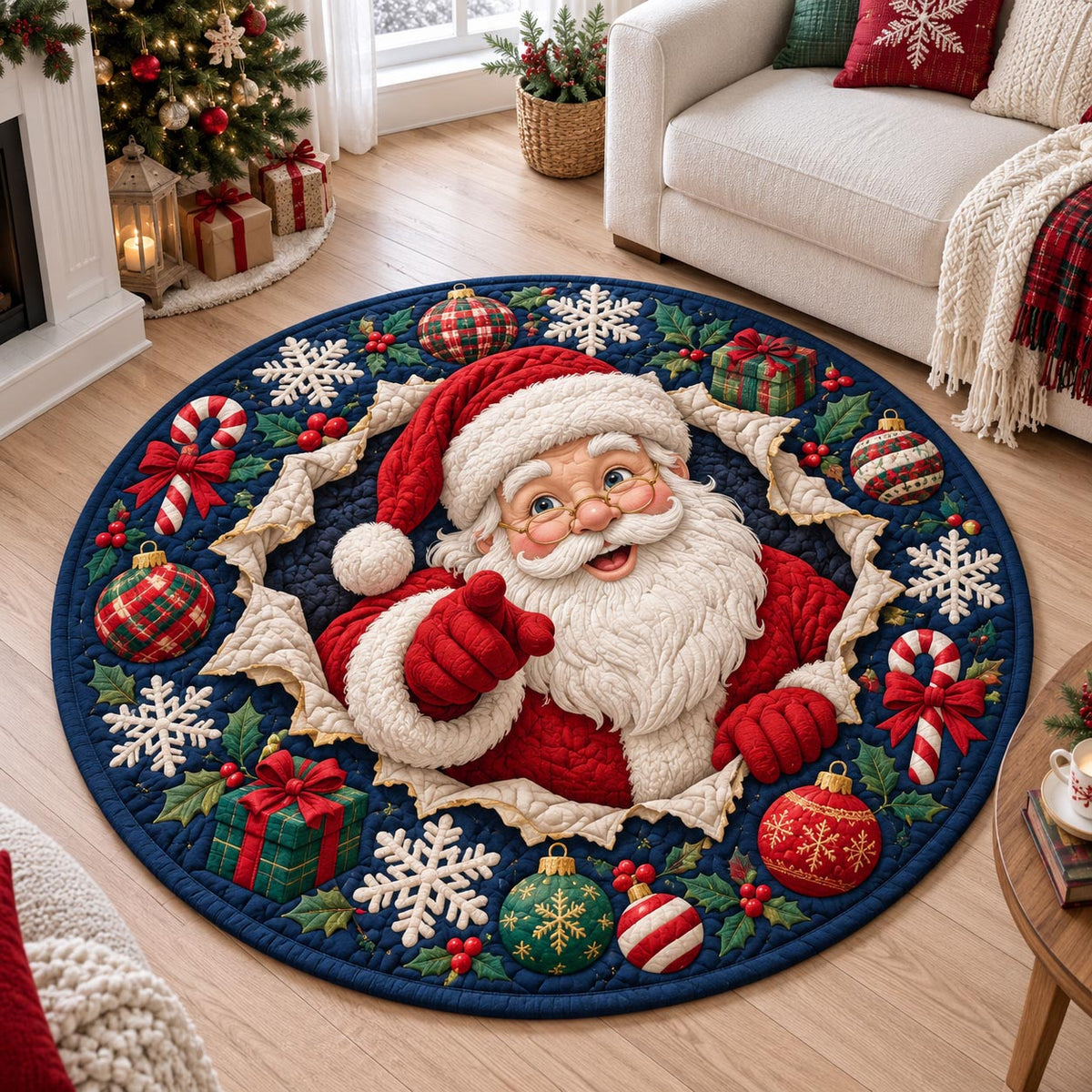 Santa Pop Out Round Mat Rug - Seasonal Design | Festive Home Decor - washable non-slip printed rug