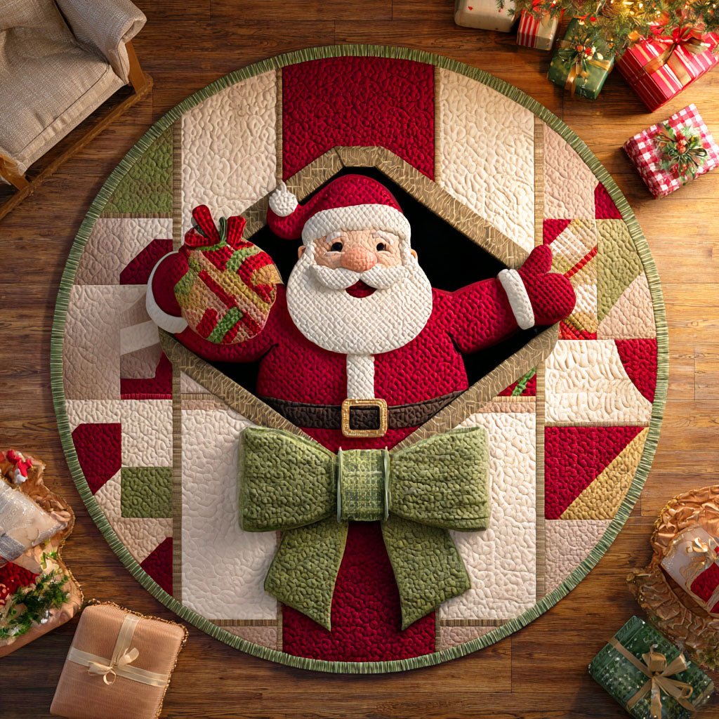 Santa Present Joy Christmas Round Mat Rug - washable non-slip printed rug