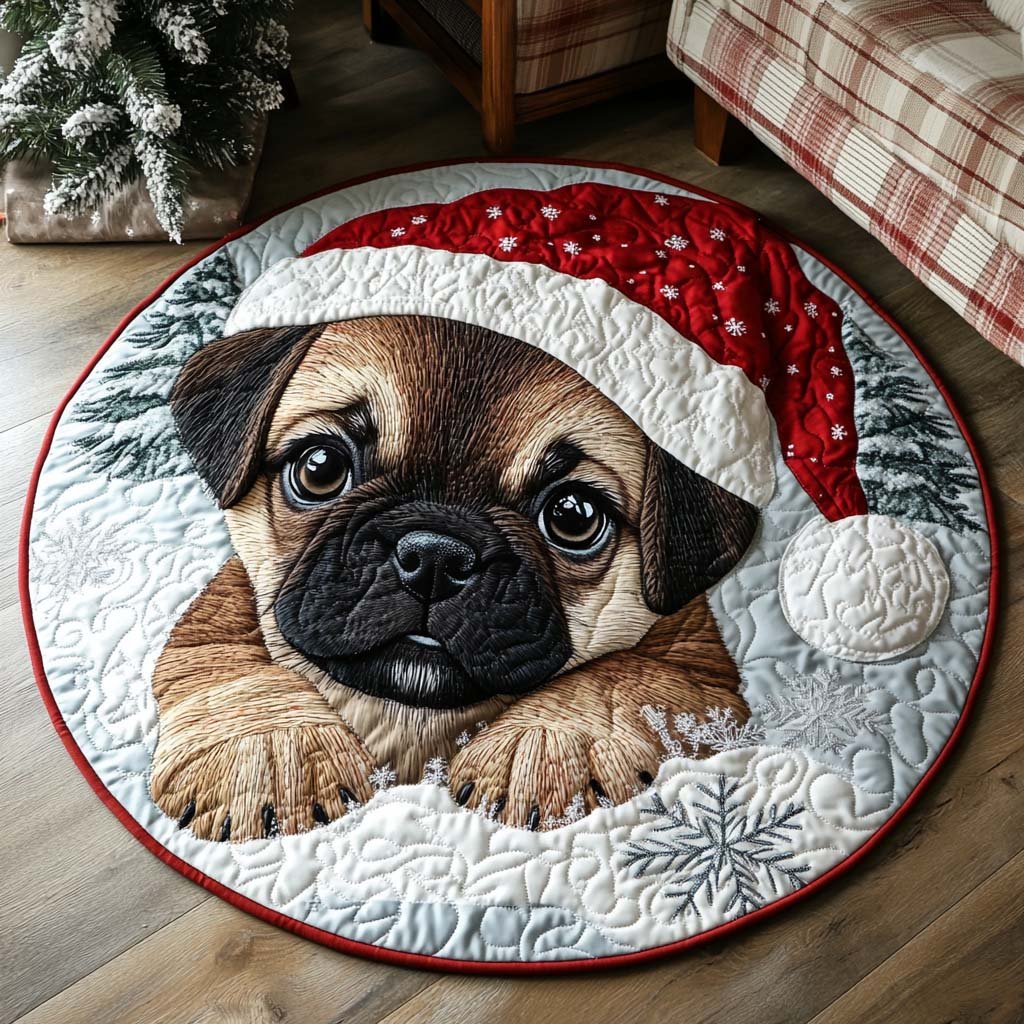 Santa Pug Puppy Christmas Round Mat Rug - washable non-slip printed rug