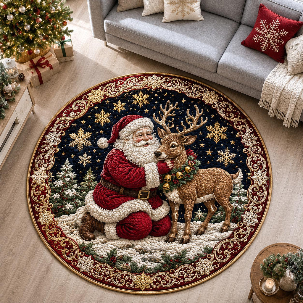 Santa Reindeer Embrace Round Mat Rug - Seasonal Design | Festive Home Decor - washable non-slip printed rug