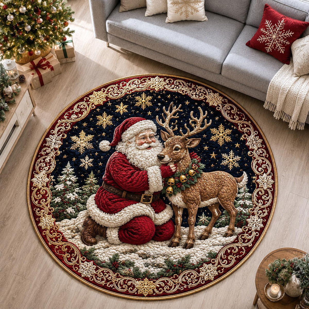 Santa Reindeer Embrace Round Mat Rug - Seasonal Design | Festive Home Decor - washable non-slip printed rug