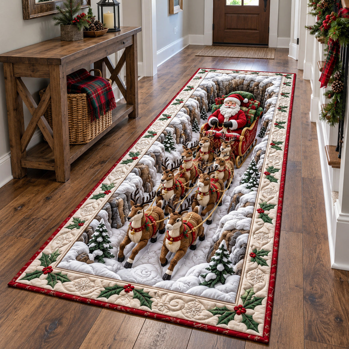 Santa Reindeer Ride Runner Rug - Seasonal Design | Festive Runner Rug - washable non-slip printed rug