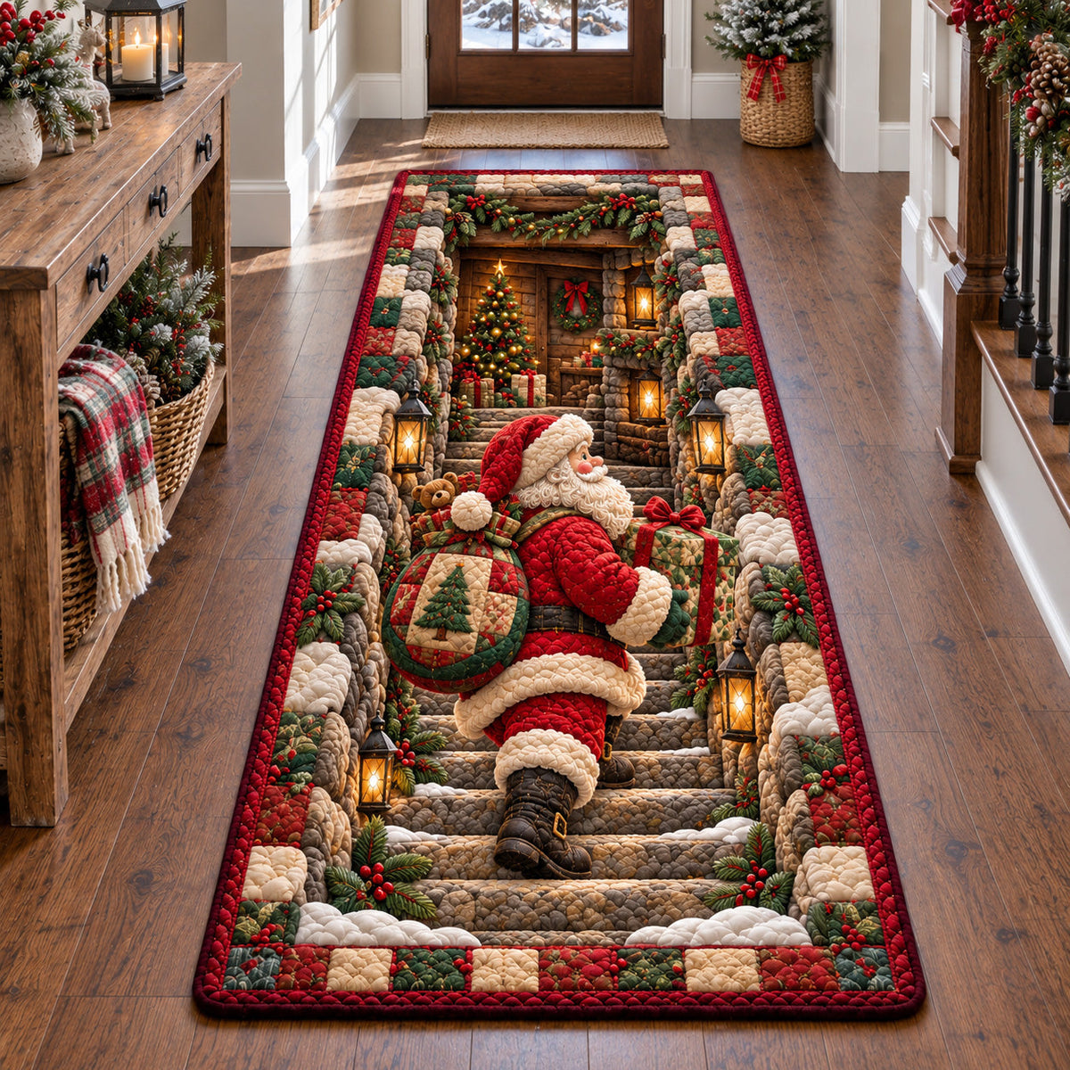 Santa Sack Delivery Runner Rug - Seasonal Design | Festive Runner Rug - washable non-slip printed rug