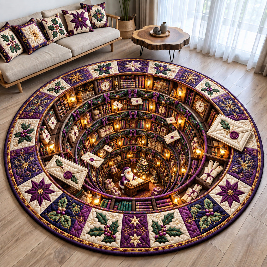 Santa Secret Christmas Library Round Mat Rug - Seasonal Design | Festive Home Decor - washable non-slip printed rug