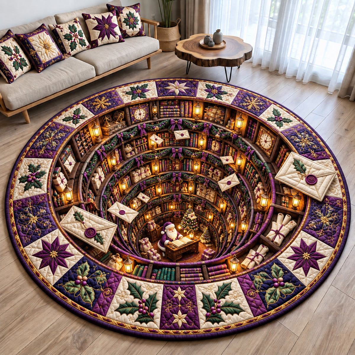 Santa Secret Christmas Library Round Mat Rug - Seasonal Design | Festive Home Decor - washable non-slip printed rug