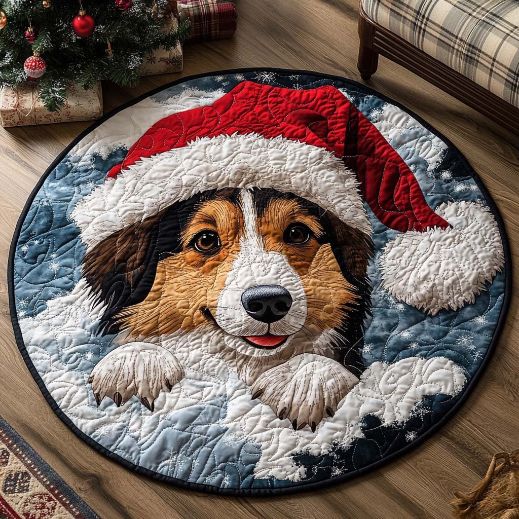 Santa Shepherd Puppy Christmas Round Mat Rug - washable non-slip printed rug