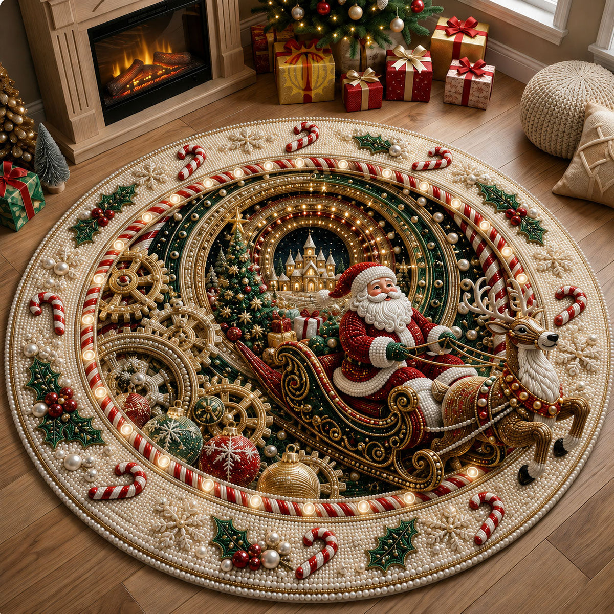 Santa Sleigh Magic Round Mat Rug - Seasonal Design | Festive Home Decor - washable non-slip printed rug