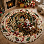 Santa Sleigh Magic Round Mat Rug - Seasonal Design | Festive Home Decor - washable non-slip printed rug