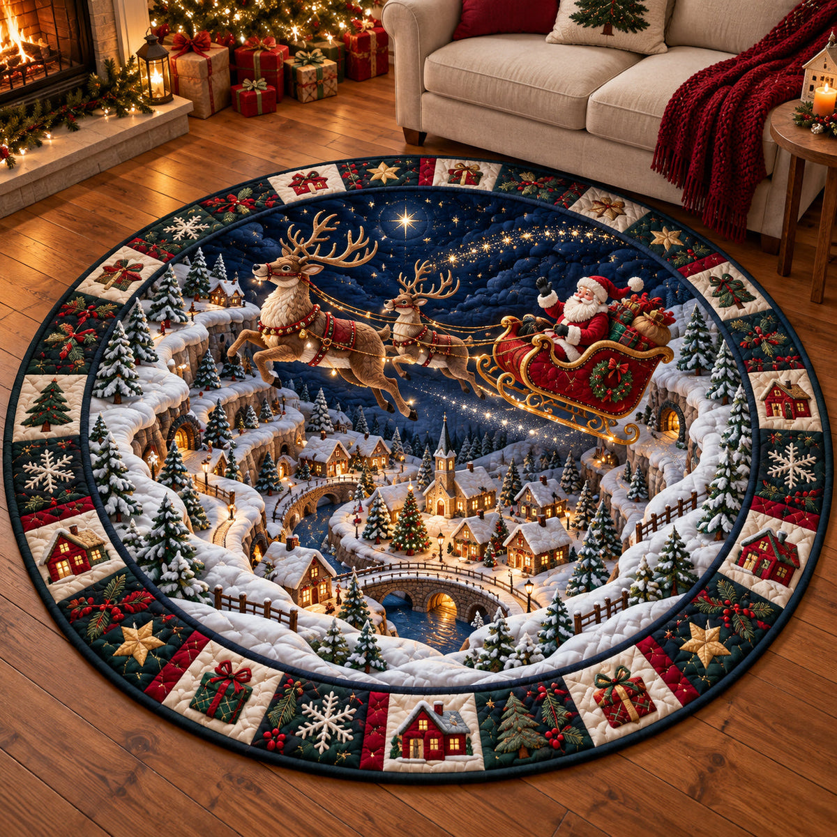 Santa Sleigh Village Round Mat Rug - Seasonal Design | Festive Home Decor - washable non-slip printed rug
