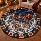 Santa Sleigh Village Round Mat Rug - Seasonal Design | Festive Home Decor - washable non-slip printed rug
