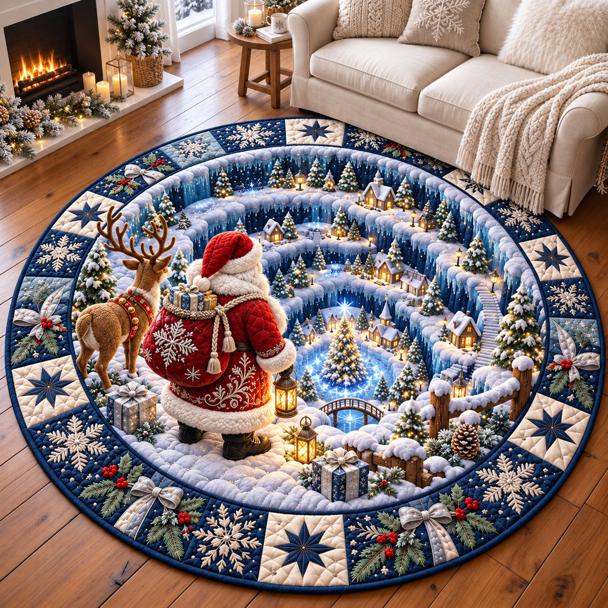 Santa Snow Forest Round Mat Rug - Seasonal Design | Festive Home Decor - washable non-slip printed rug