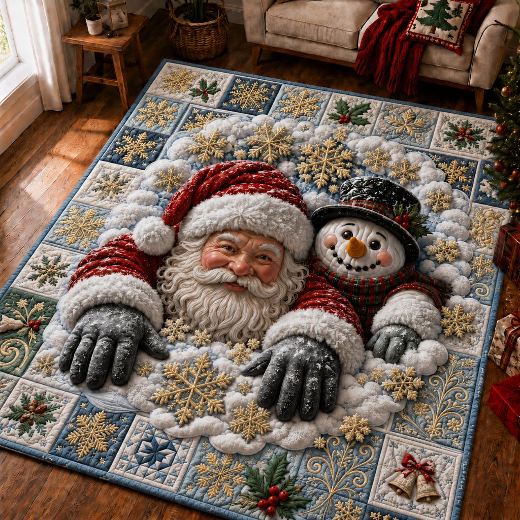 Santa Snowfall area rug in a living room
