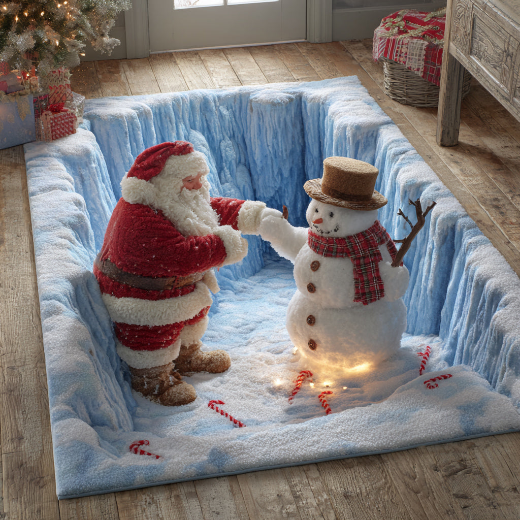 Santa Snowman area rug in a living room