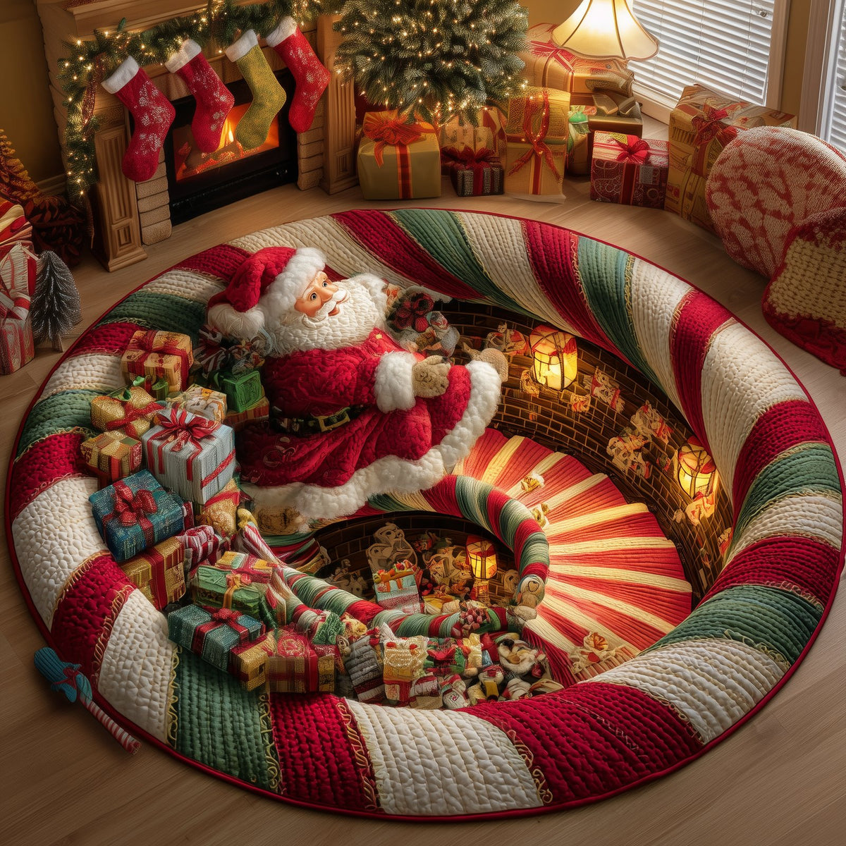 Santa Spiral Christmas Round Mat Rug - washable non-slip printed rug