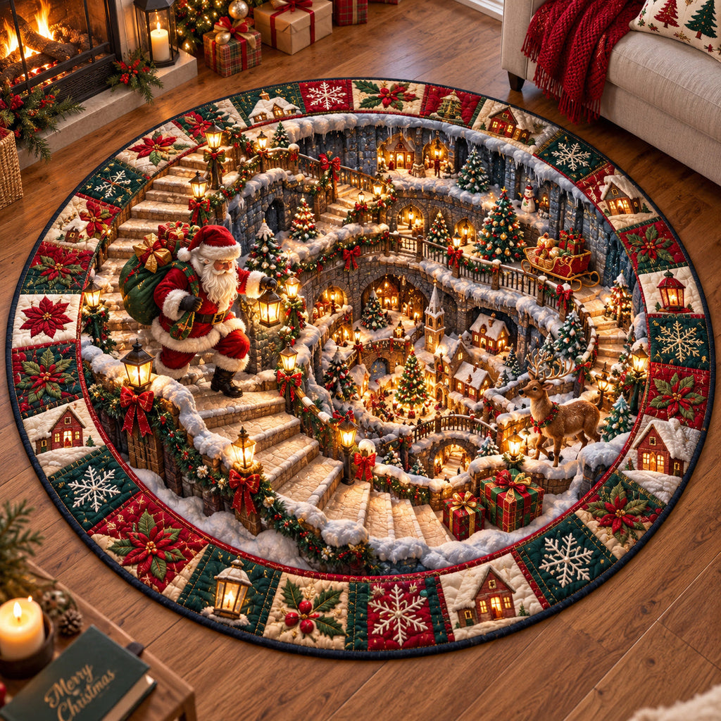 Santa Spiral Village Round Mat Rug - Seasonal Design | Festive Home Decor - washable non-slip printed rug