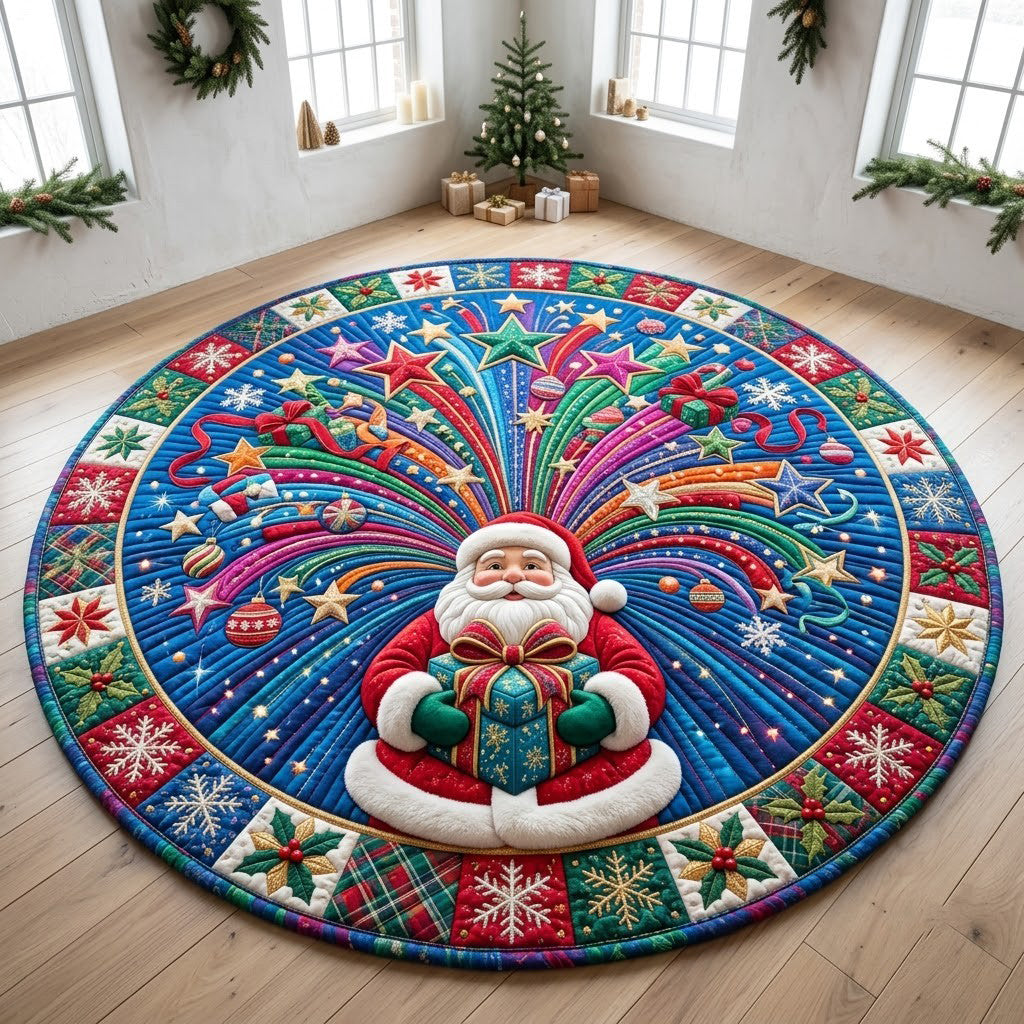 Santa Starburst Round Mat Rug - Seasonal Design | Festive Home Decor - washable non-slip printed rug