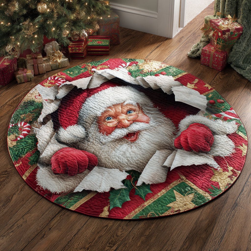 Santa Surprise Christmas Round Mat Rug - washable non-slip printed rug