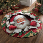 Santa Surprise Christmas Round Mat Rug - washable non-slip printed rug