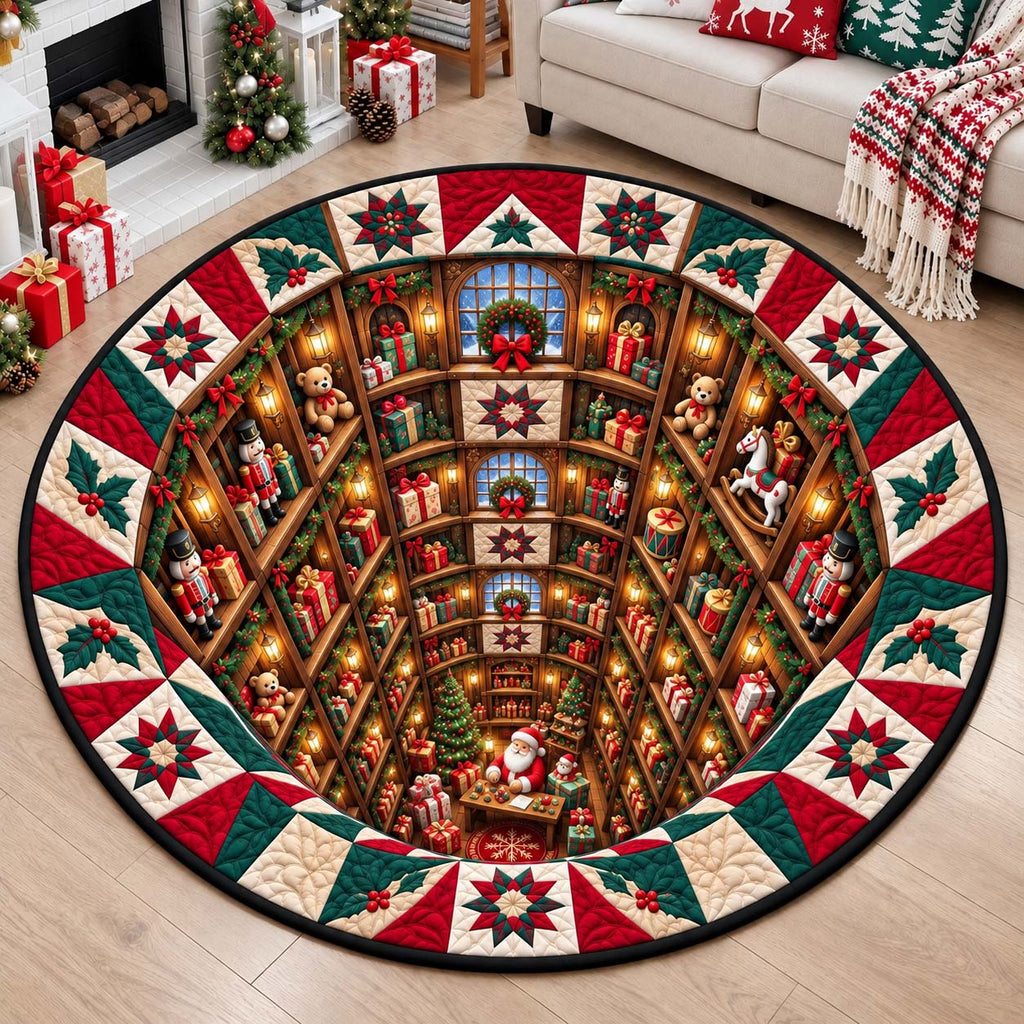 Santa Toy Vault Round Mat Rug - Seasonal Design | Festive Home Decor - washable non-slip printed rug