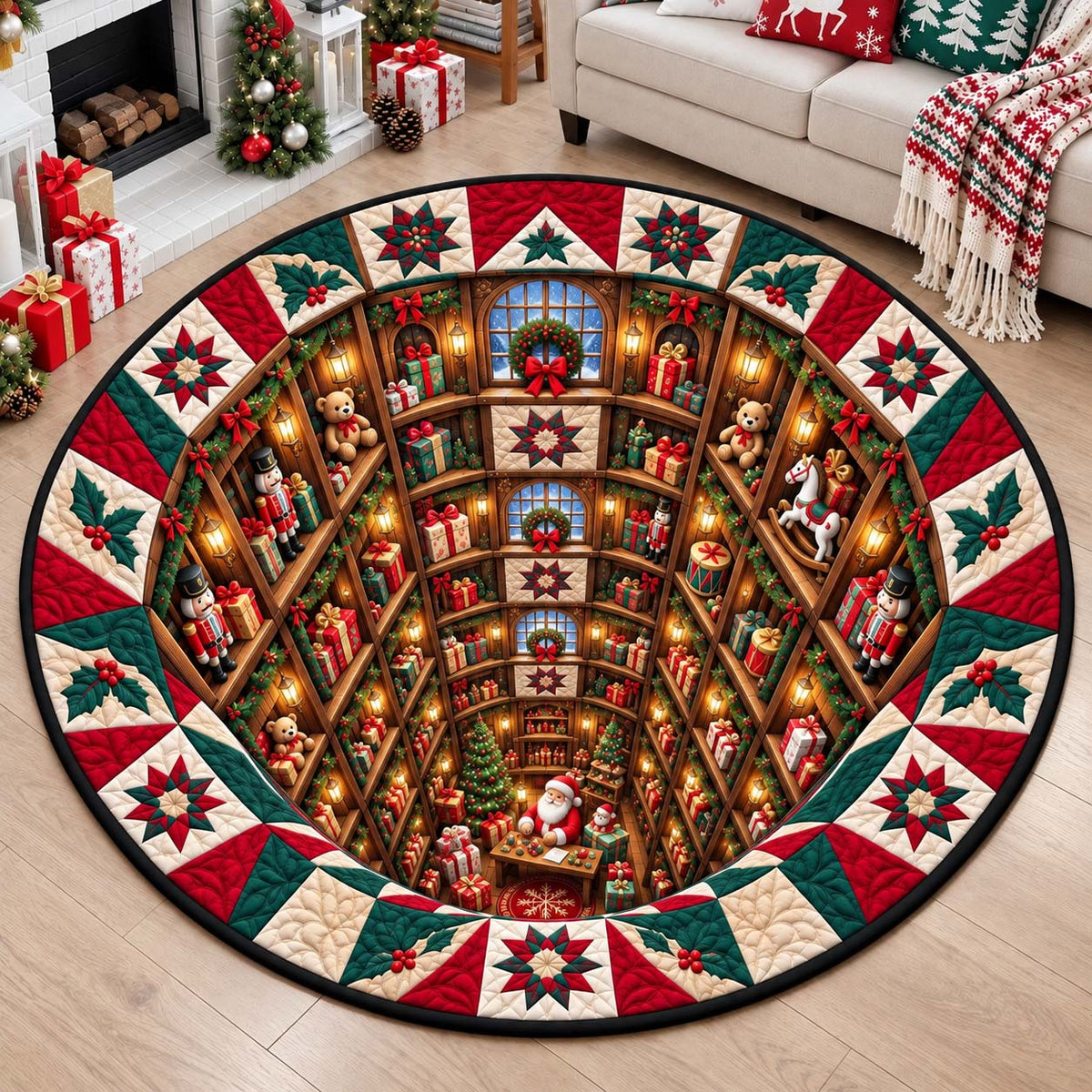 Santa Toy Vault Round Mat Rug - Seasonal Design | Festive Home Decor - washable non-slip printed rug