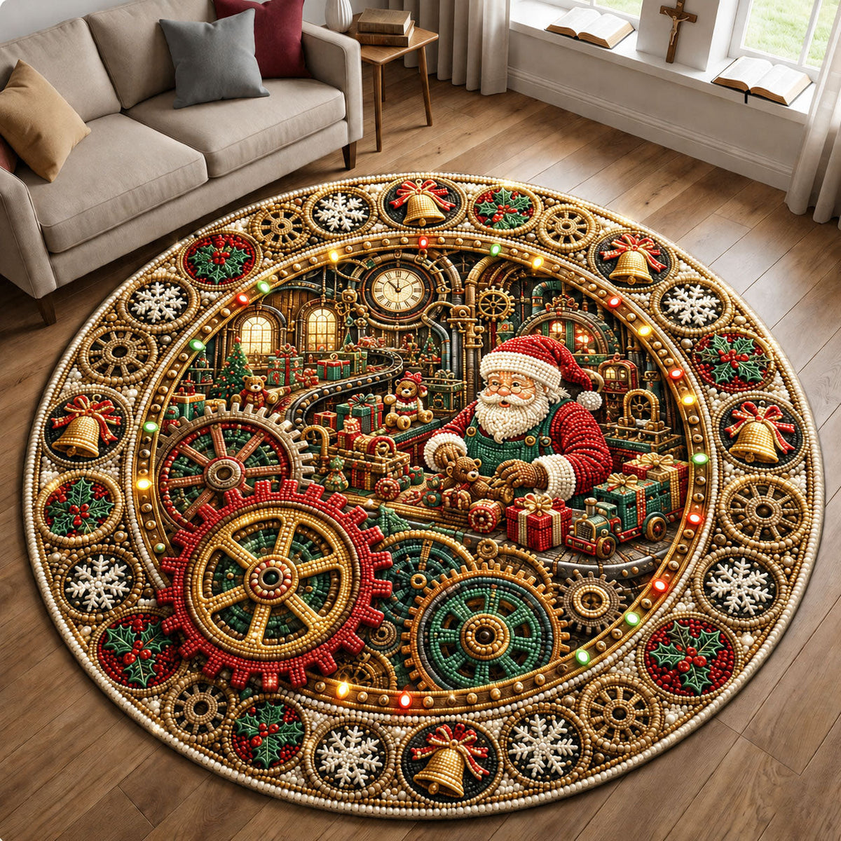 Santa Toy Workshop Round Mat Rug - Seasonal Design | Festive Home Decor - washable non-slip printed rug