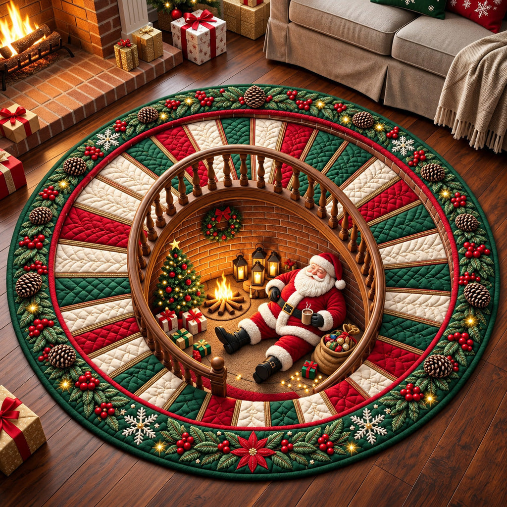Santa Tunnel Round Mat Rug - Seasonal Design | Festive Home Decor - washable non-slip printed rug
