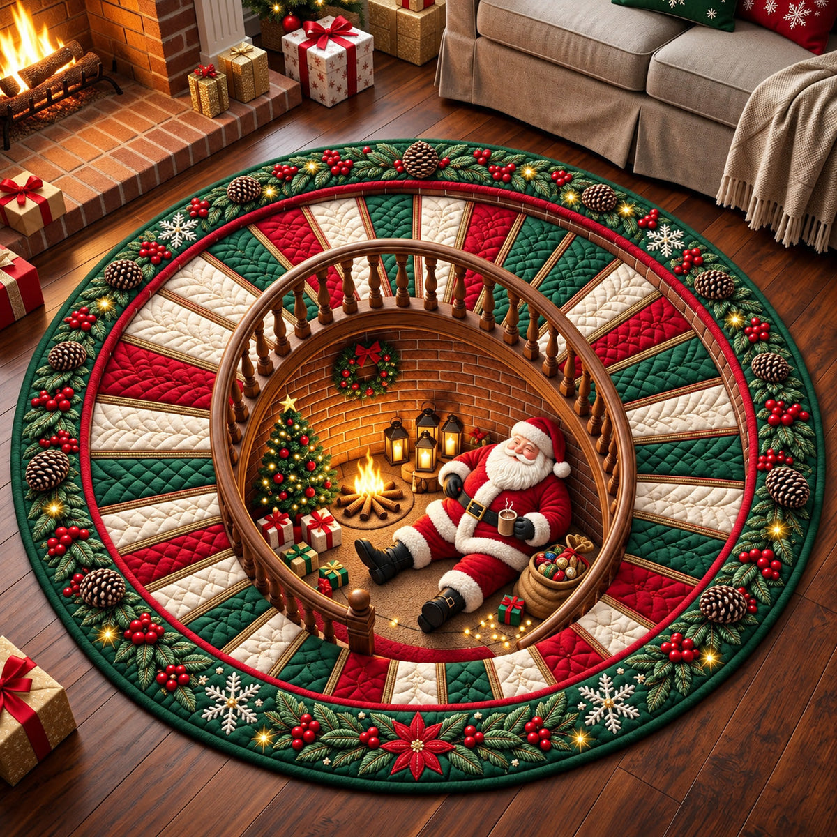 Santa Tunnel Round Mat Rug - Seasonal Design | Festive Home Decor - washable non-slip printed rug