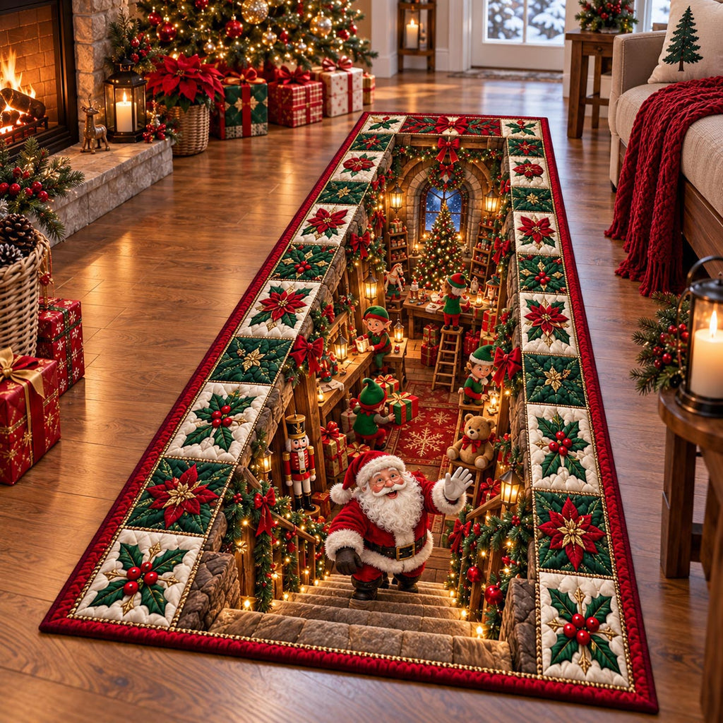 Santa Village Journey Runner Rug - Seasonal Design | Festive Runner Rug - washable non-slip printed rug
