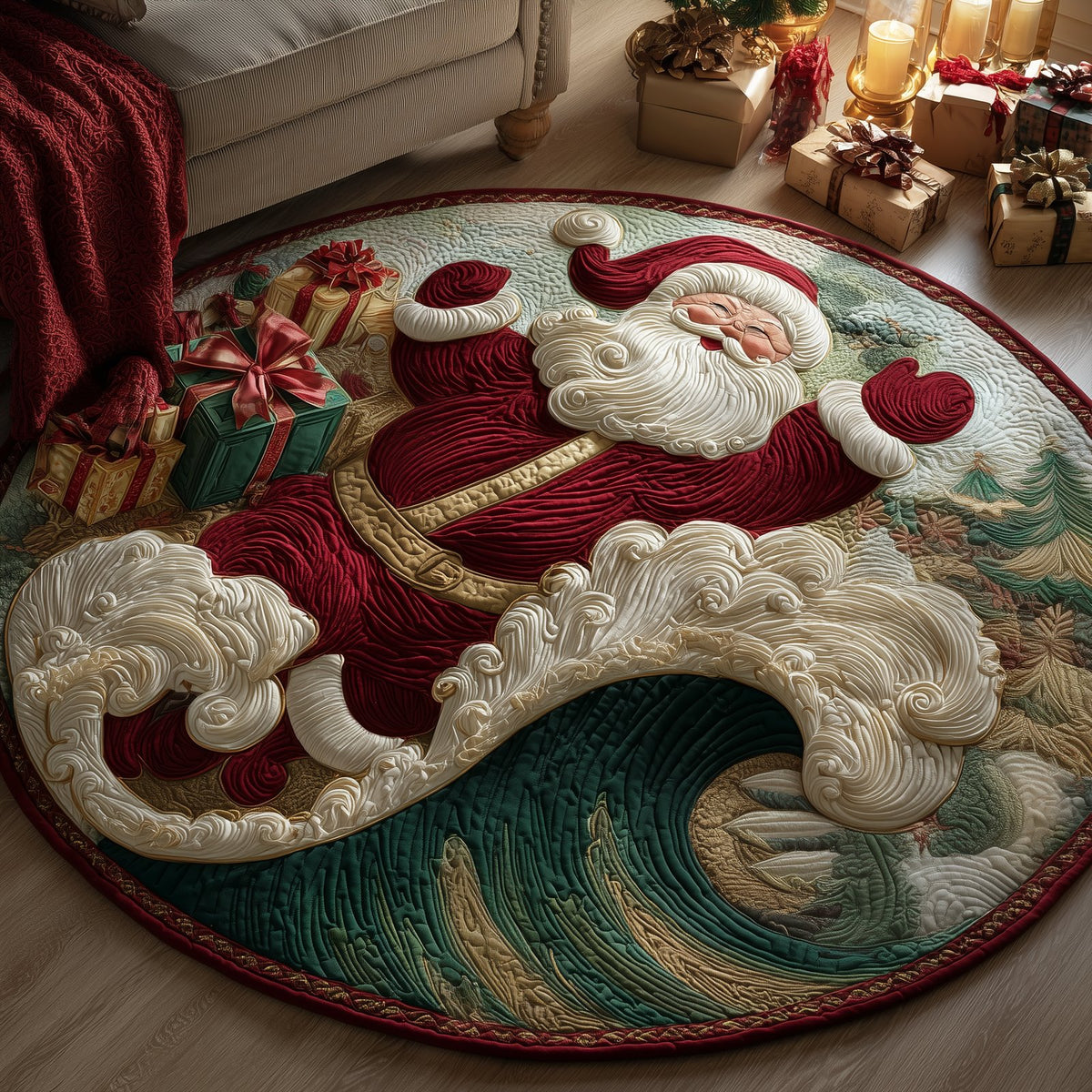 Santa Wave Christmas Round Mat Rug - washable non-slip printed rug