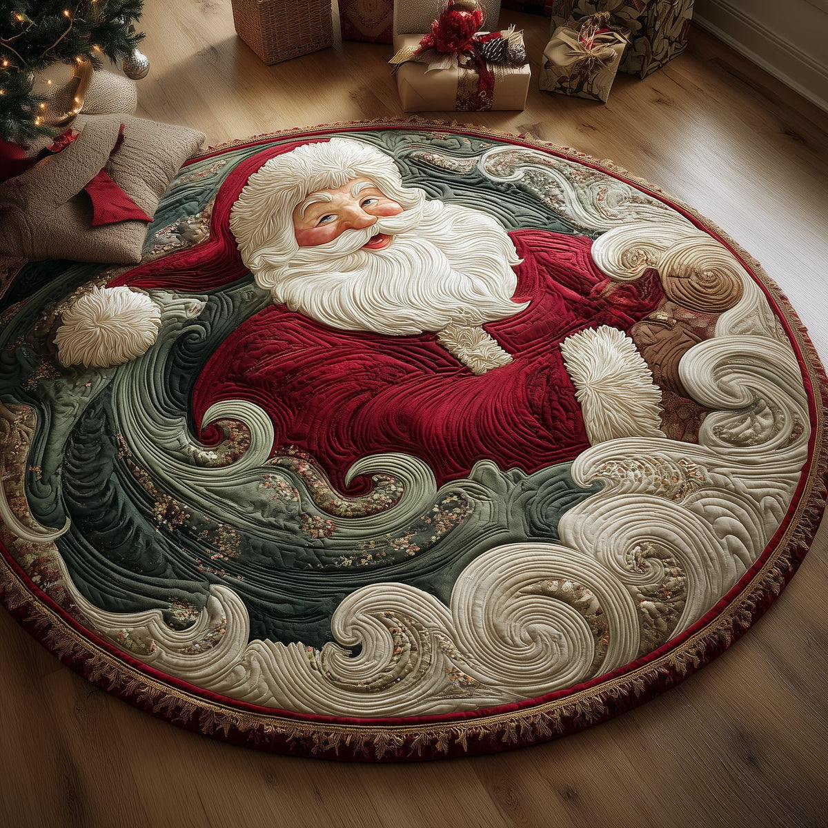 Santa Whirl Christmas Round Mat Rug - washable non-slip printed rug