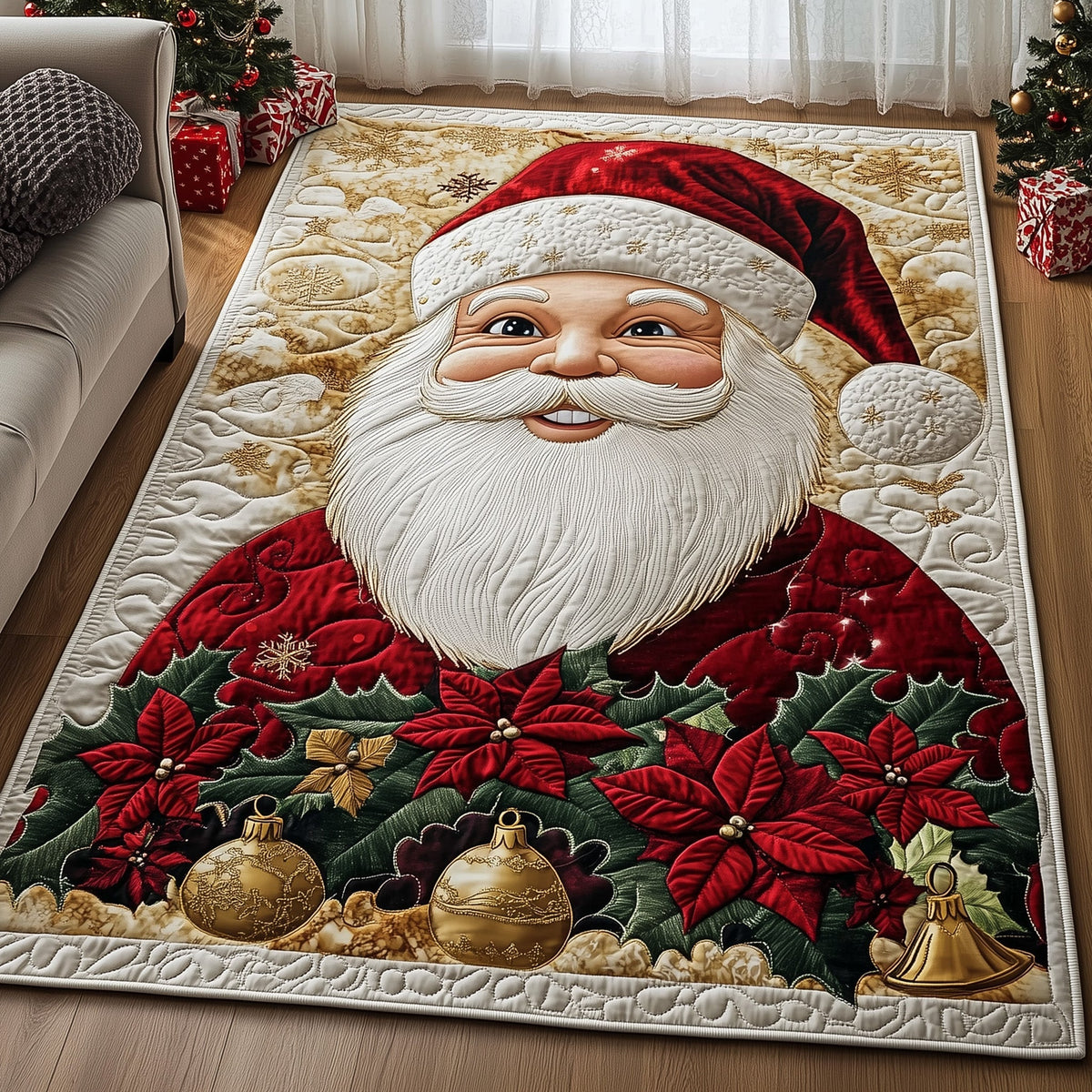 Santa Workshop area rug in a living room