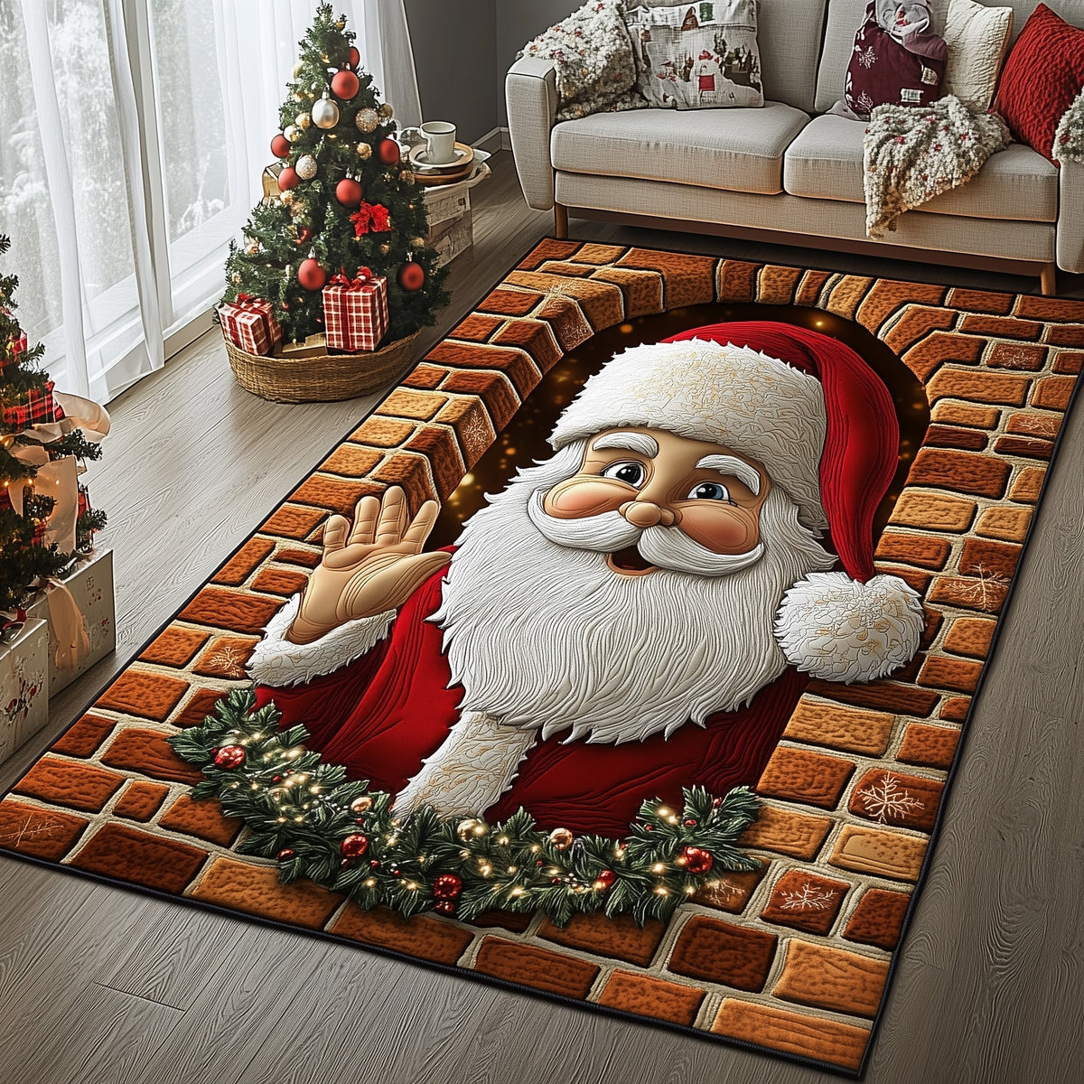 Santa Workshop area rug in a living room