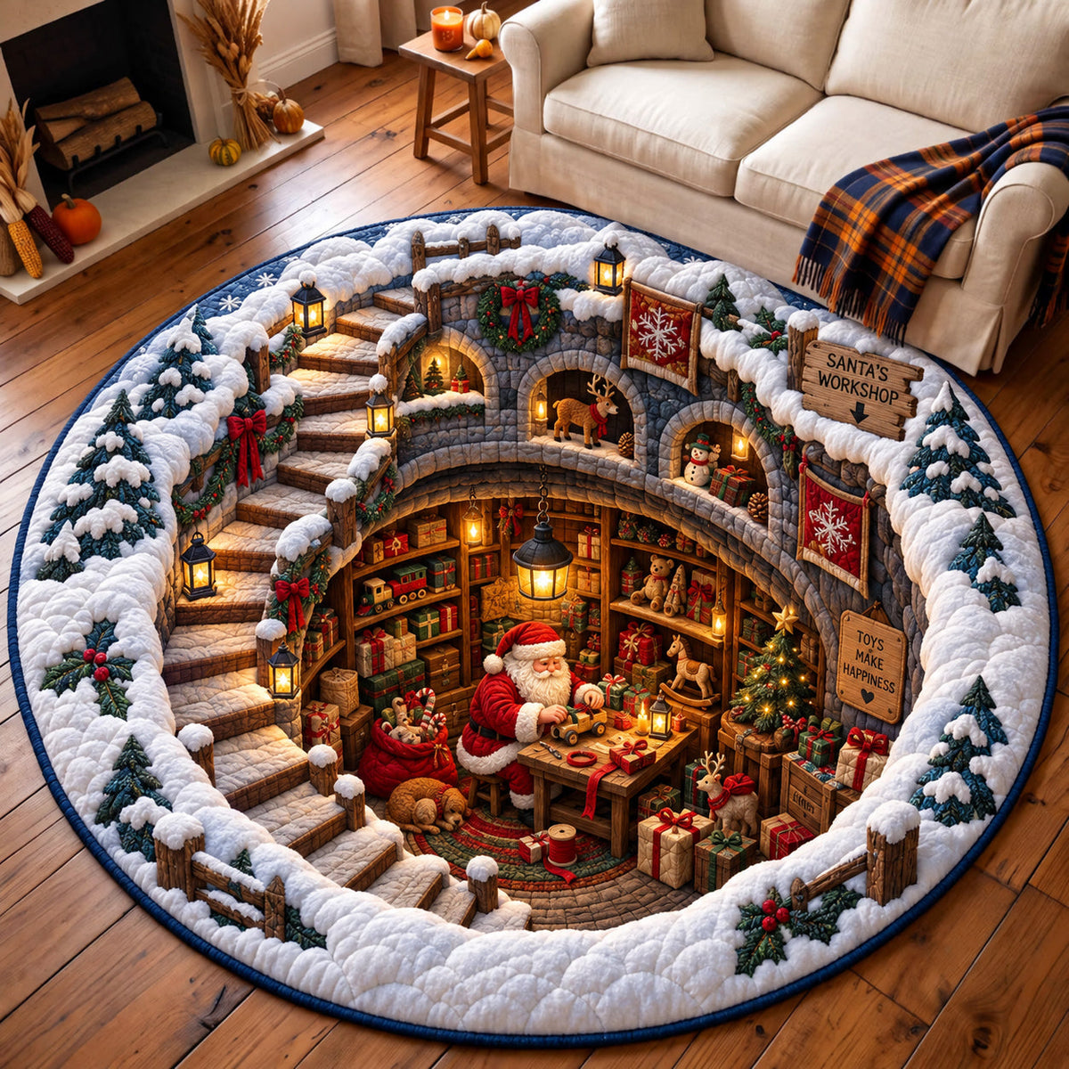 Santa Workshop Round Mat Rug - Seasonal Design | Seasonal Round Rug - washable non-slip printed rug