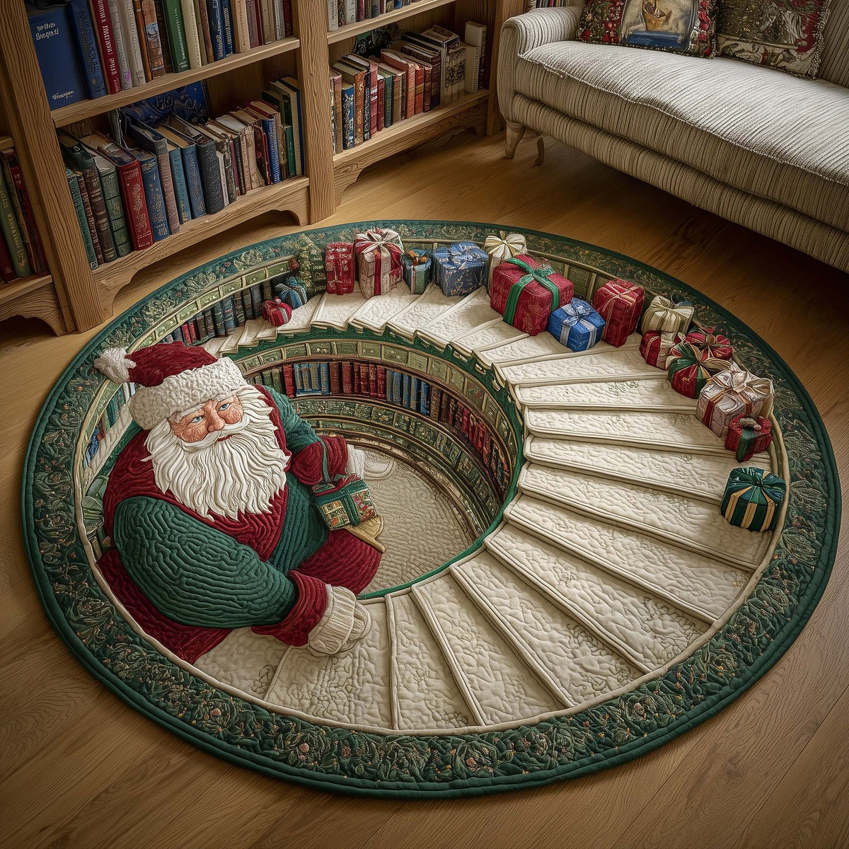 Santa Workshop Christmas Round Mat Rug - washable non-slip printed rug