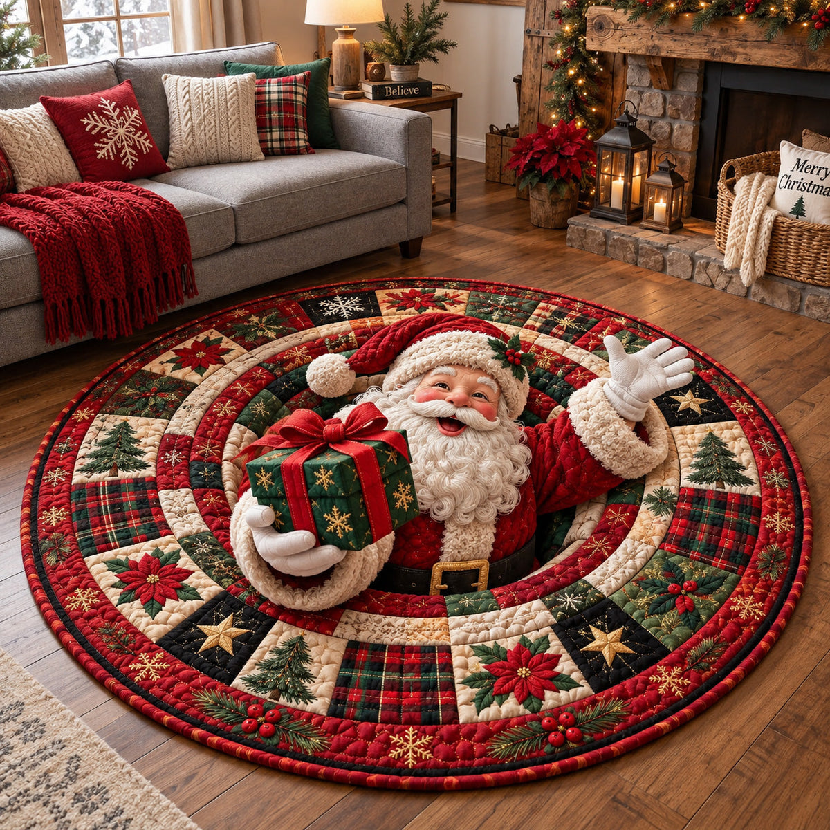 Santa Workshop Round Mat Rug - Seasonal Design | Seasonal Round Area Rug - washable non-slip printed rug