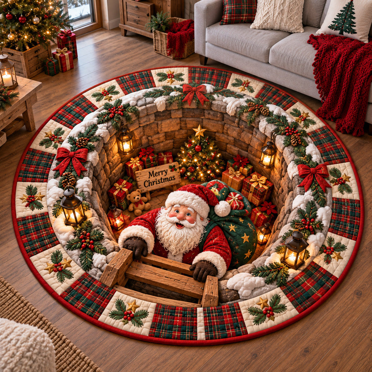 Santa Workshop Round Mat Rug - Seasonal Design | Seasonal Round Living Room Rug - washable non-slip printed rug