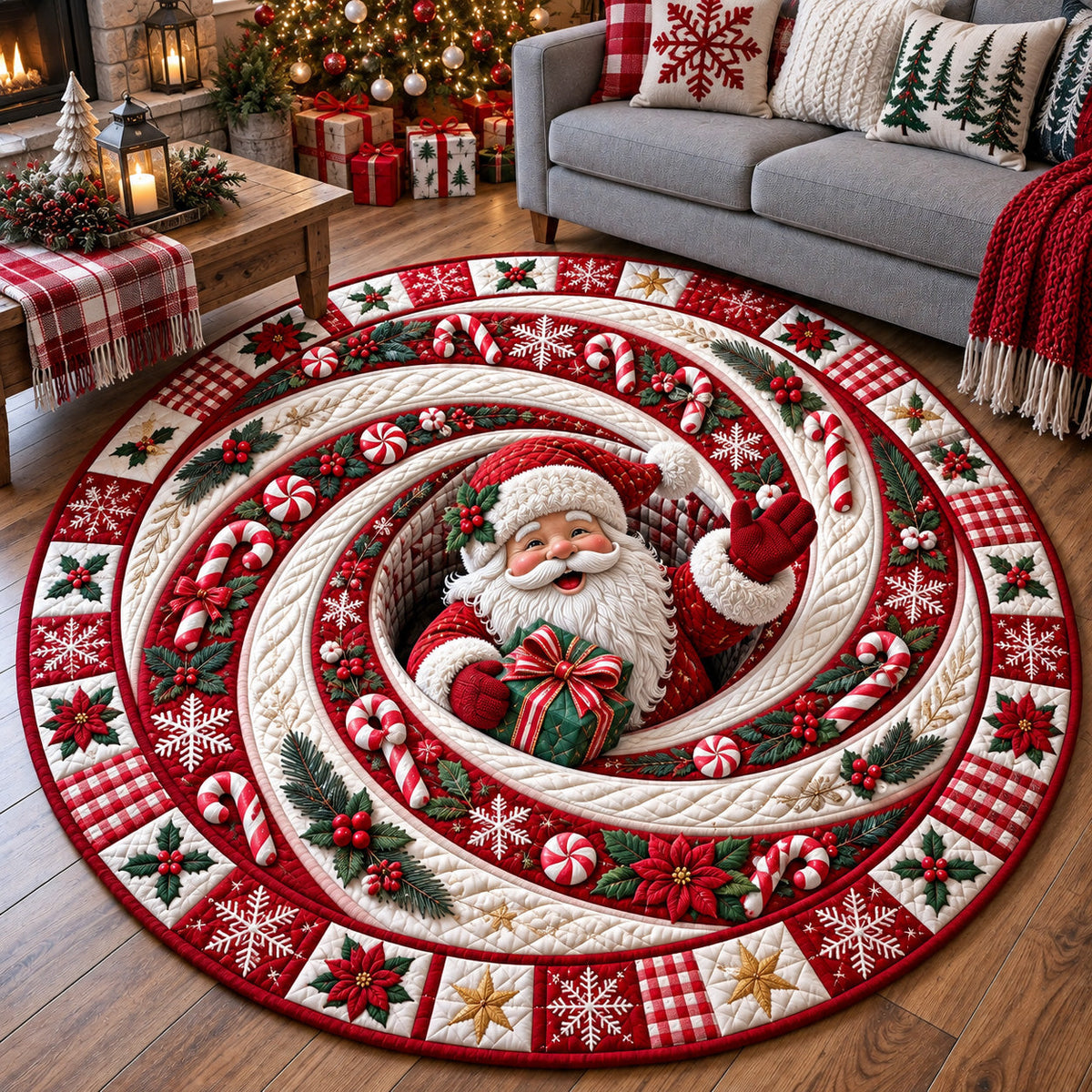 Santa Workshop Round Mat Rug - Seasonal Design | Seasonal Round Floor Mat - washable non-slip printed rug